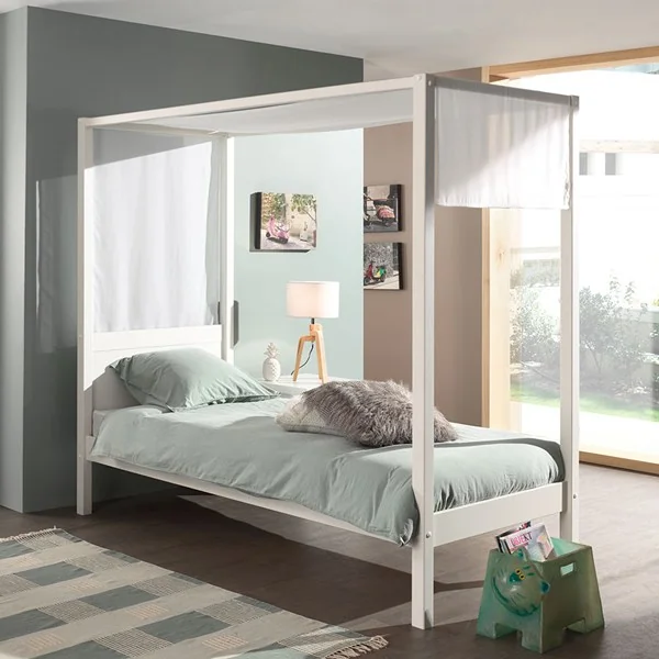 Pino white single four poster bed with canopy