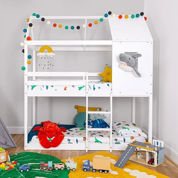 White treehouse bunk bed with roof and window