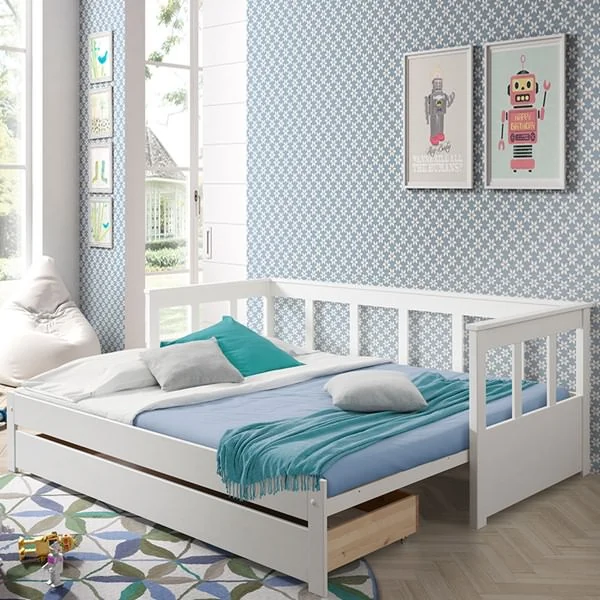 White pino day bed with pull out bed and storage drawer 1