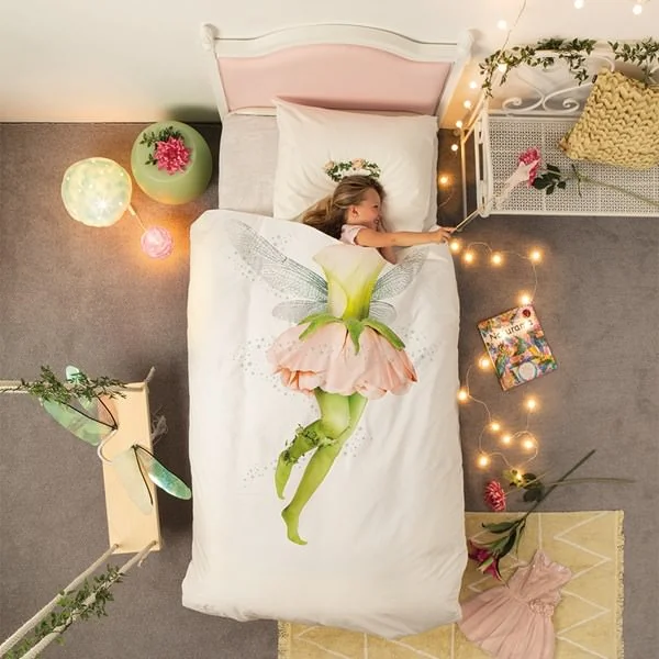 Green and pink flower fairy duvet cover