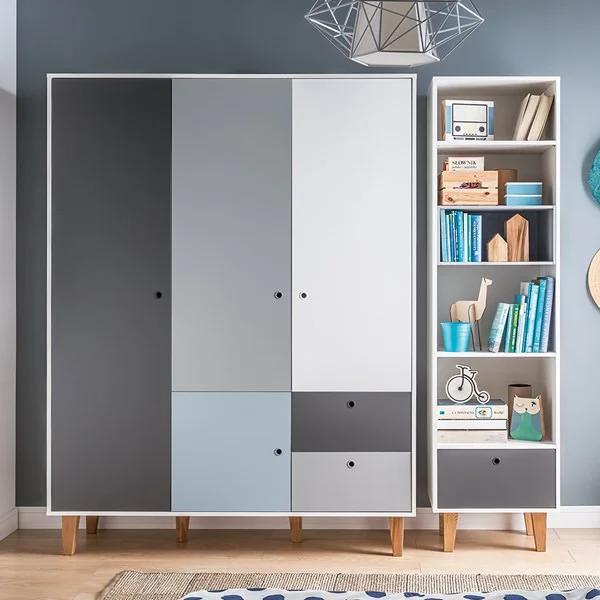 Light blue three door wardrobe with drawers
