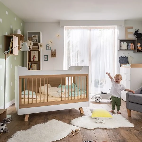 Contemporary baby cot bed in white and oak effect