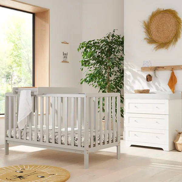Dove grey cot bed and white drawer set