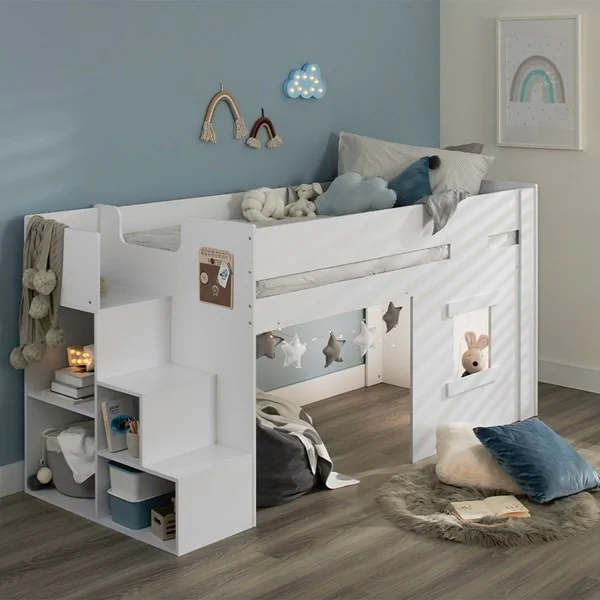 White marlowe cabin bed with shelving steps