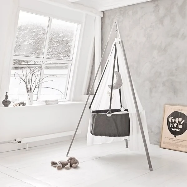 Grey cradle newborn bed with tripod stand