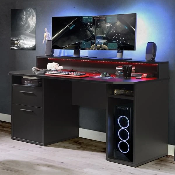 Black power gaming desk with red LED lighting
