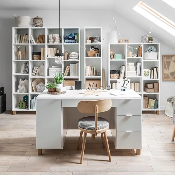 White desk with oak effect feet from vox simple