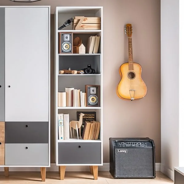Wooden tall narrow bookcase in white and grey