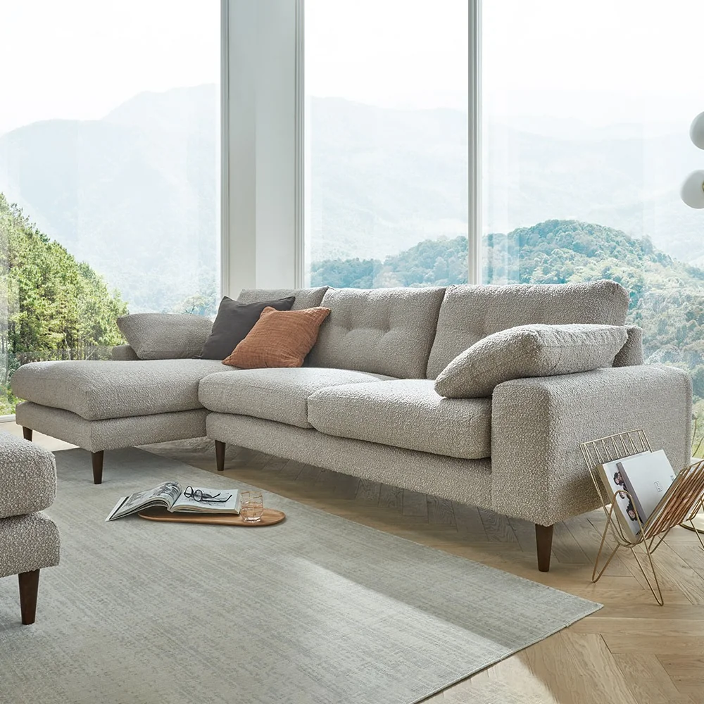 Alto mink boucle shaped sofa with walnut legs