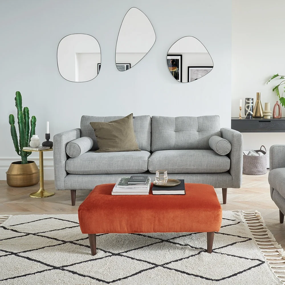 Cirrus linen 2 seater sofa and terracotta velvet footstool