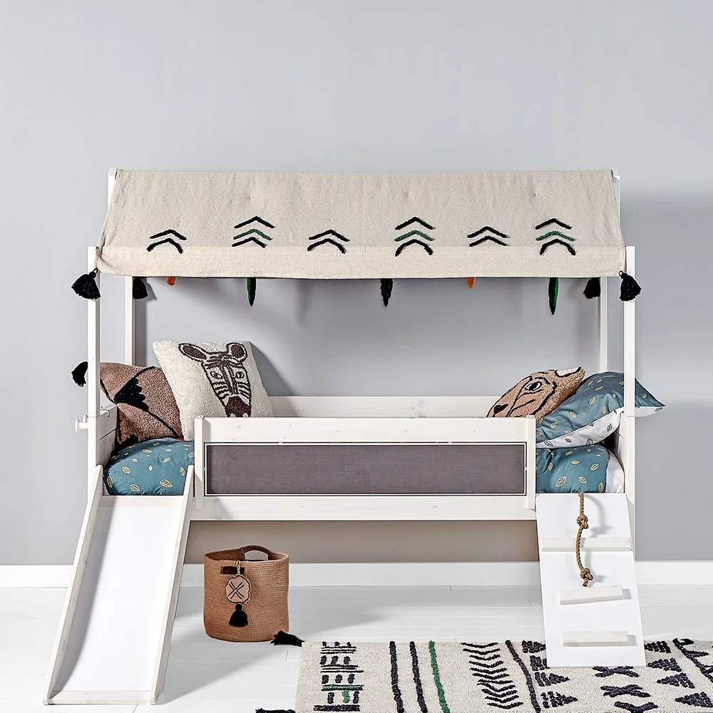 Climb and slide kids bed with wildlife fabric roof