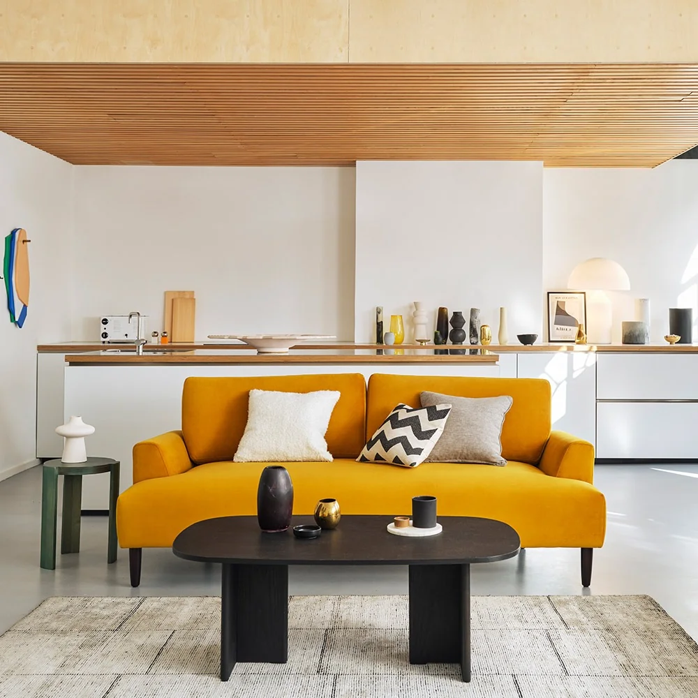 Model 05 mustard yellow velvet 3 seater sofa in box