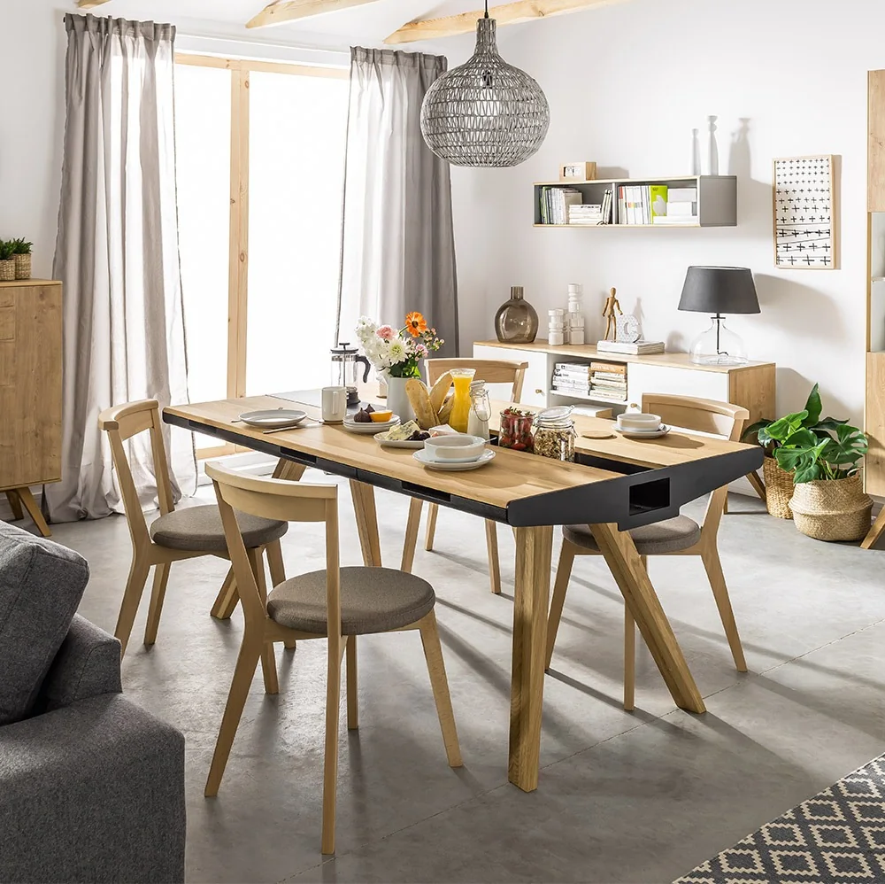 Nature oak dining table with removable metal plates