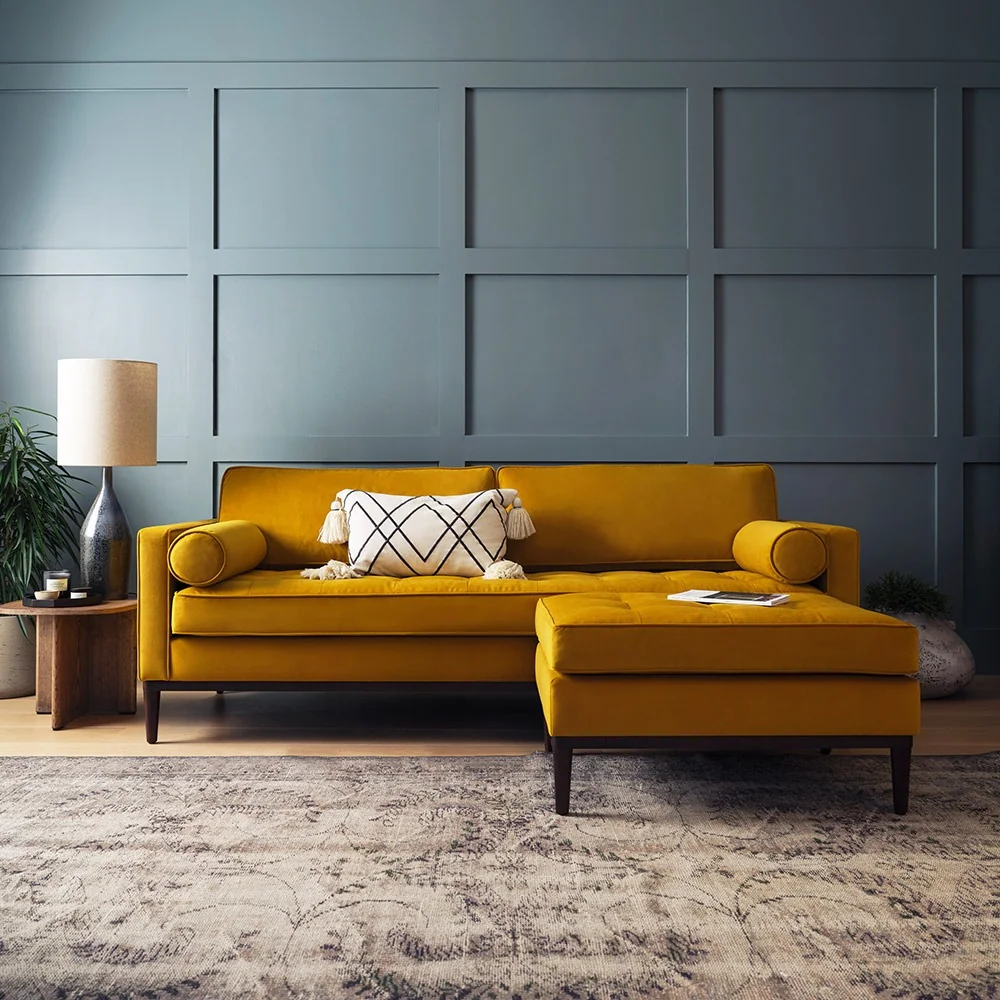Model 02 mustard yellow velvet sofa with ottoman from swyft