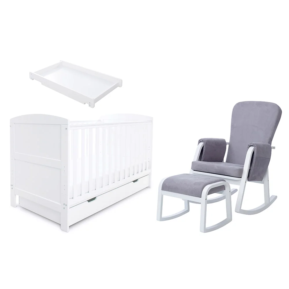 White room set with grey rocking chair for nursery