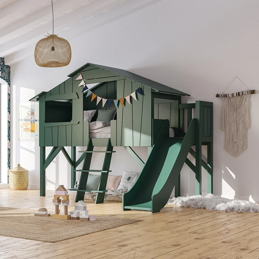 Kids treehouse cabin bed with platform and slide from mathy by bols