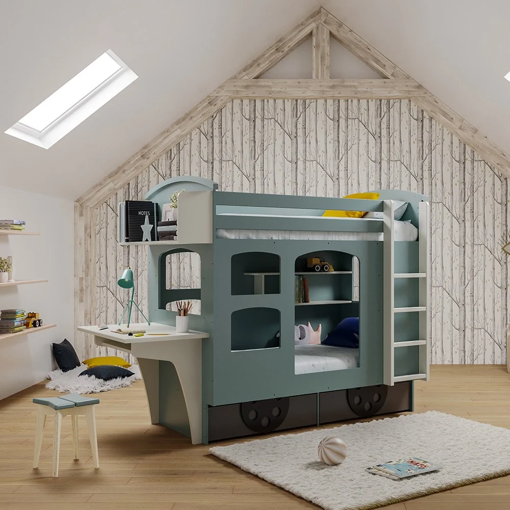 Kids wagon bunk bed from mathy by bols with desk in thunderstorm grey finish