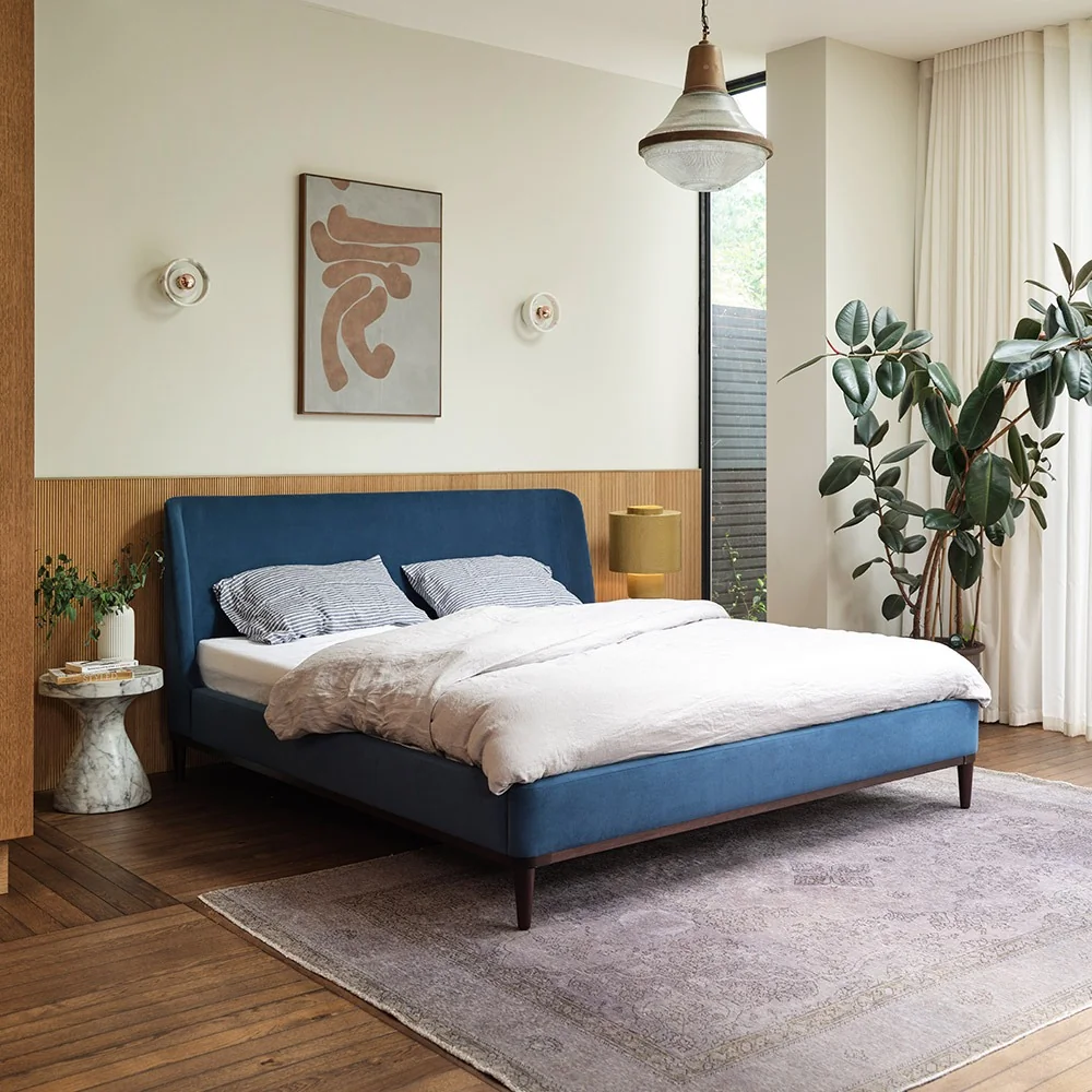 Swyft teal velvet bed 02 in box with winged headboard