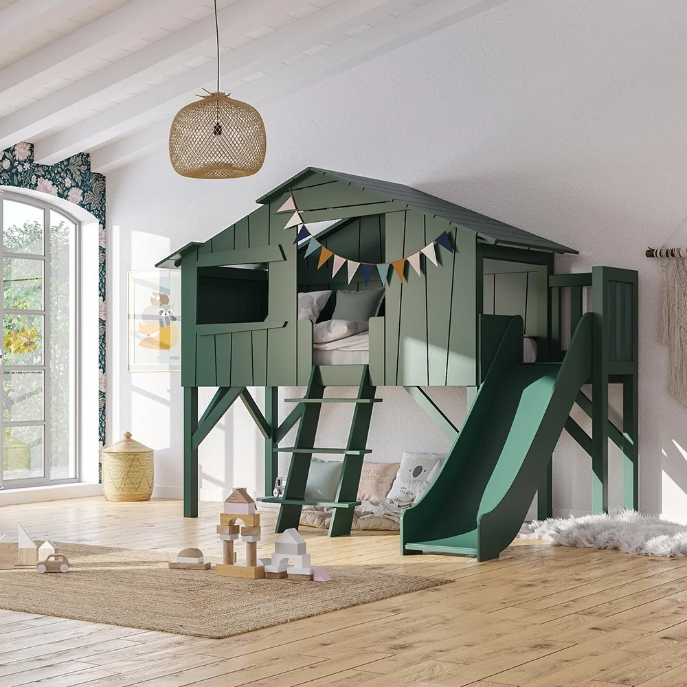 Kids treehouse cabin bed with slide and platform in jungle green from mathy by bols
