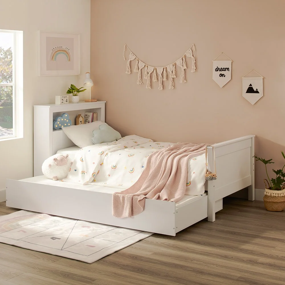 Fraser wooden single bed in white with shelf and drawer