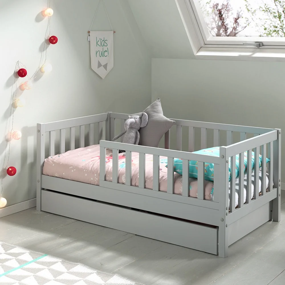 Classic toddler bed with storage drawer in grey