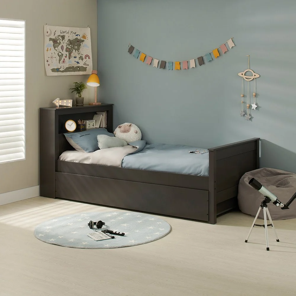 Fraser kids single bed in dark grey with shelf and drawer