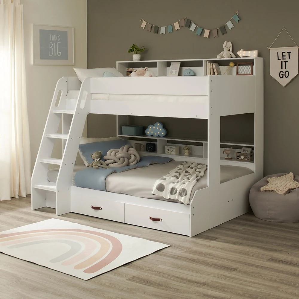Aviary childrens triple bunk bed in white with storage shelves