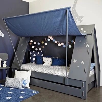 Childrens grey tent bed with blue canopy from mathy by bols