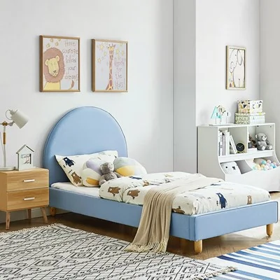 Ezra blue upholstered kids single bed