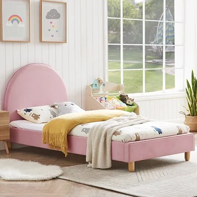 Ezra pink single kids bed with curved headboard