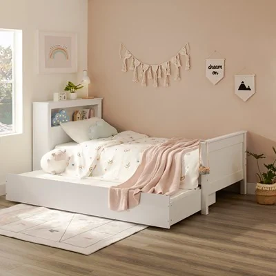 Fraser wooden single bed in white with shelf and drawer