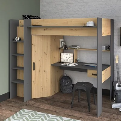 Grayson high sleeper with wardrobe and desk from parisot in grey