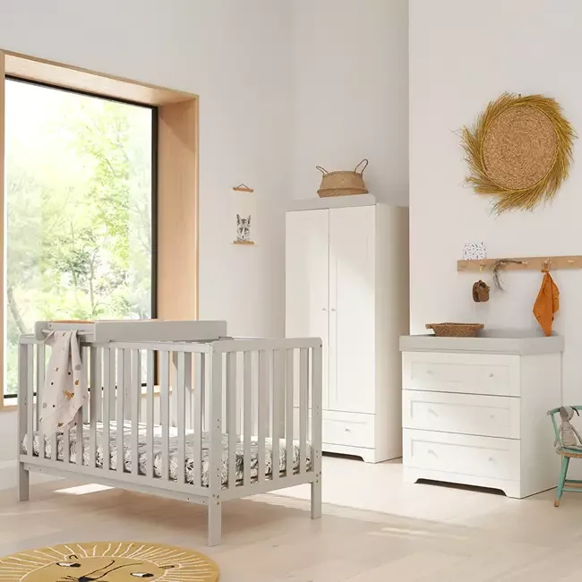 Grey malmo cot bed with white drawer and wardrobe