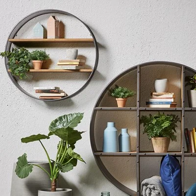 Helia round metal wall mounted shelf