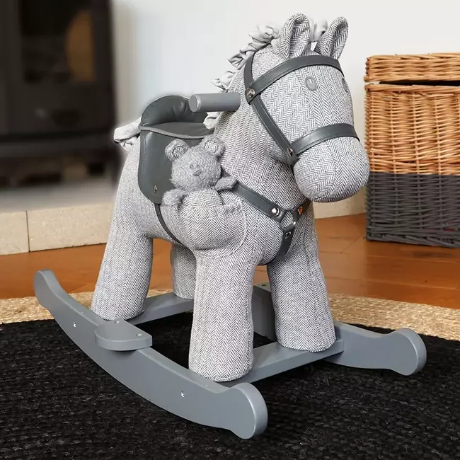 Little bird told me rocking horse with grey herringbone fabric