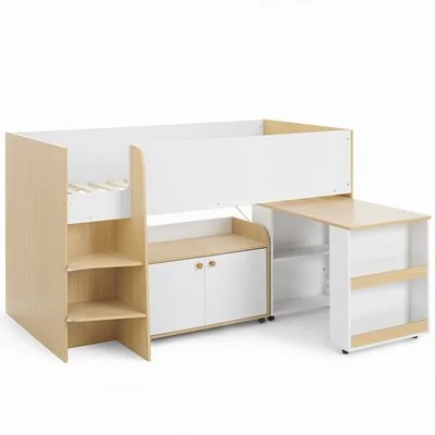 Louis white wood cabin bed with pull out desk
