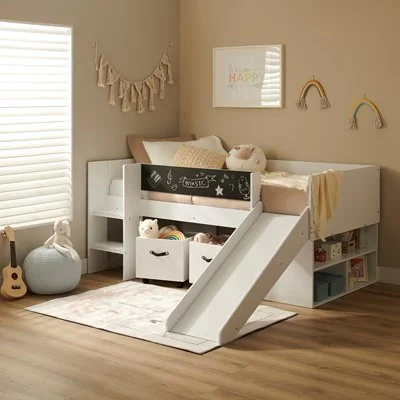 Maxxi white kids cabin bed with slide and chalkboard front