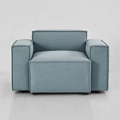 Model 03 armchair in box from swyft in linen seaglass