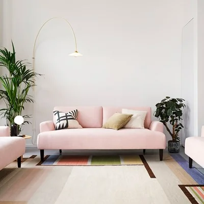 Model 05 3 seater sofa in box in blush pink linen