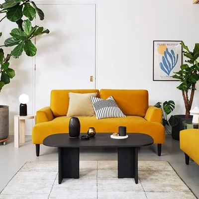 Model 05 mustard yellow velvet 2 seater sofa in box from swyft