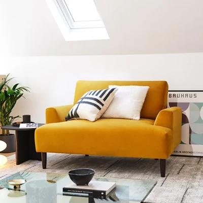 Model 05 mustard yellow velvet love seat from swyft sofa in box