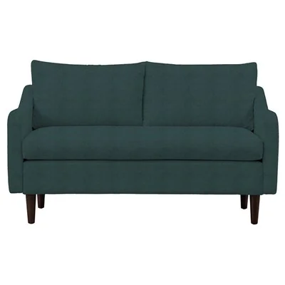 Model 2 seater peacock green velvet sofa with dark wood legs