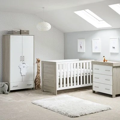 Obaby nika 3 piece nursery furniture set with cot bed in white and grey wash
