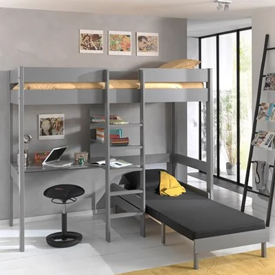 Pino high sleeper with sofa bed and desk in grey