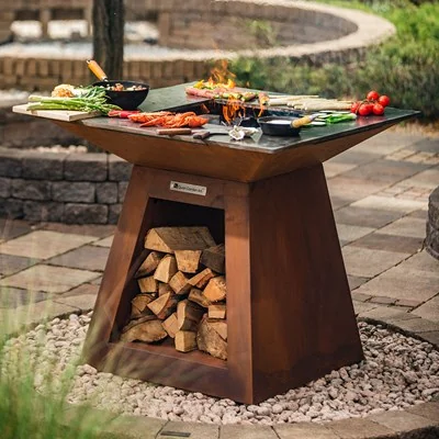 Quan garden art premium fire pit and grill in corten finish