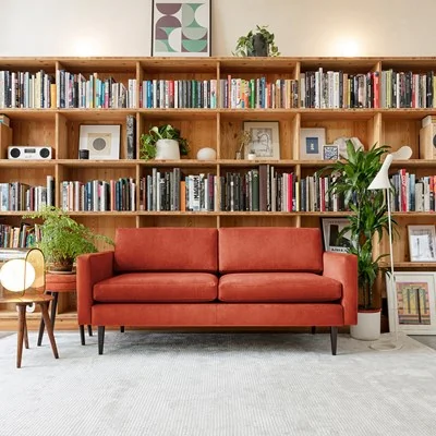 Red brick velvet model 01 2 seater sofa in box from swyft
