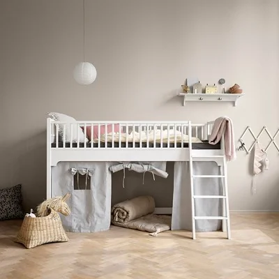 Seaside white low loft bed with grey curtain from oliver furniture