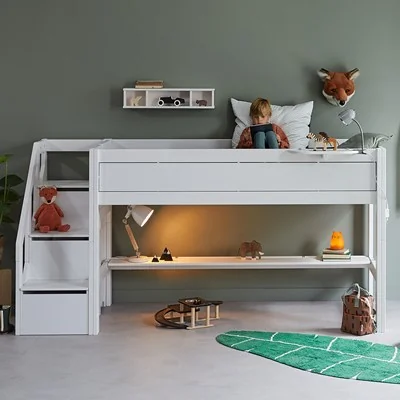 Semi high white kids bed with storage steps from lifetime kidsrooms