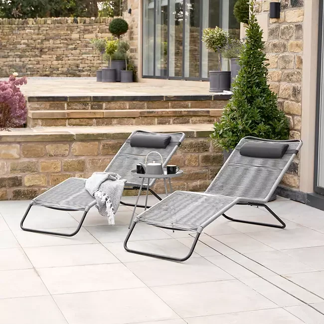 Set of 2 grey rio garden sun loungers including headrests