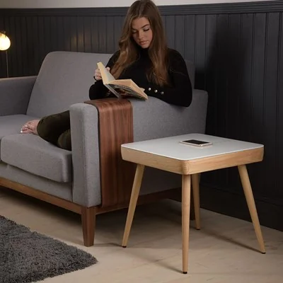 Side table with wireless phone charging and bluetooth speakers